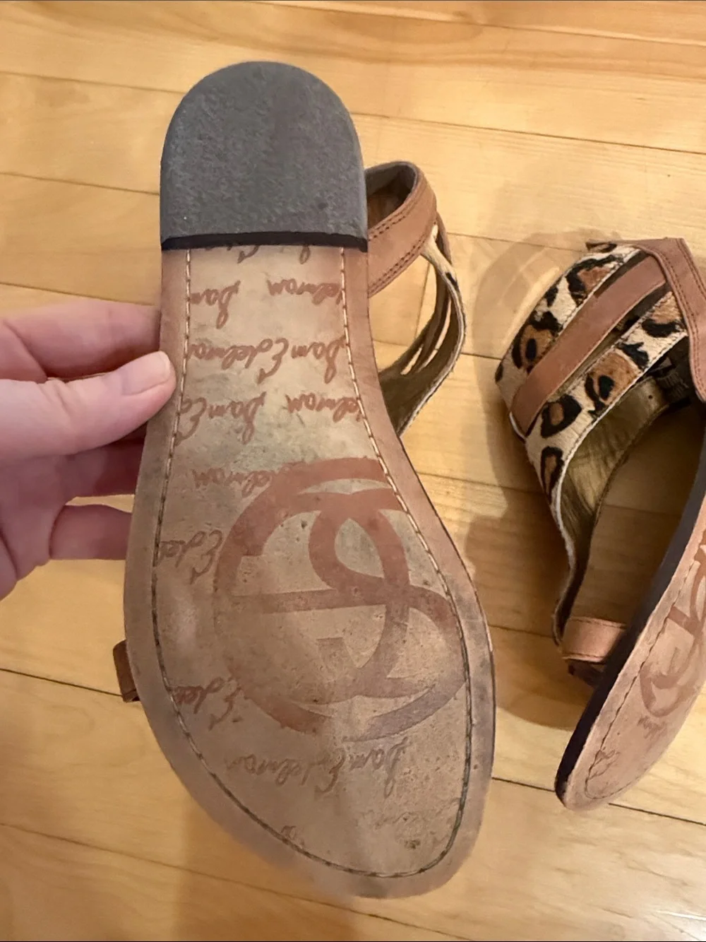 Sam Edelman Leopard Print Brown and Cream Toe-Ring Ankle Strap Sandals - Picture 10 of 15